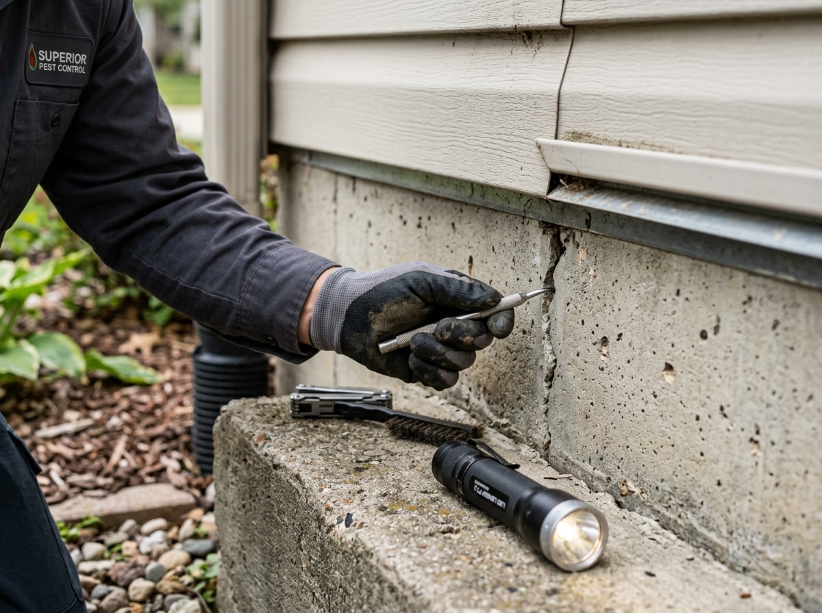 Pest control technician inspecting the exterior foundation of a Mansfield, MA home