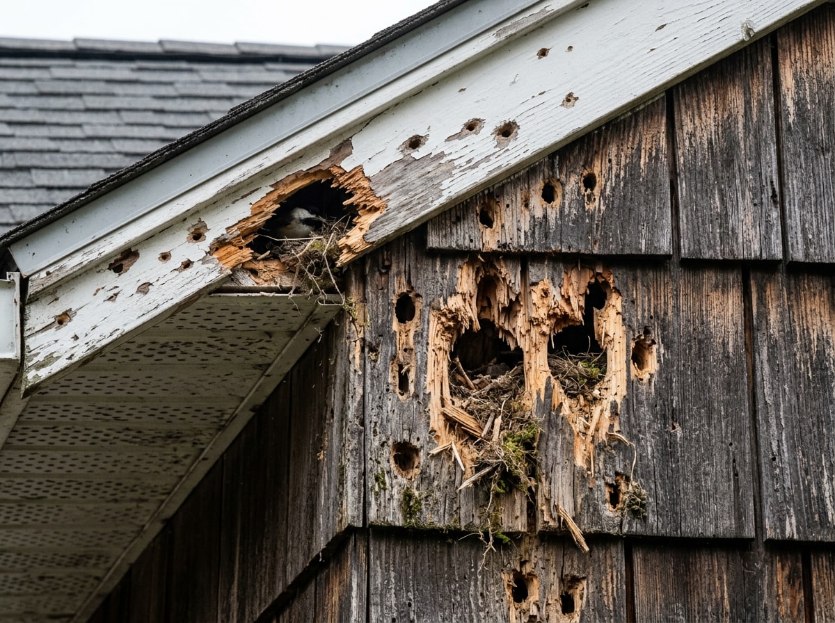 Woodpecker and nesting bird damage to home eaves and soffit in Mansfield, MA