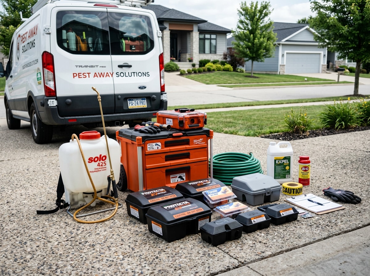Licensed pest control and wildlife removal technician preparing equipment for a Mansfield, MA service call
