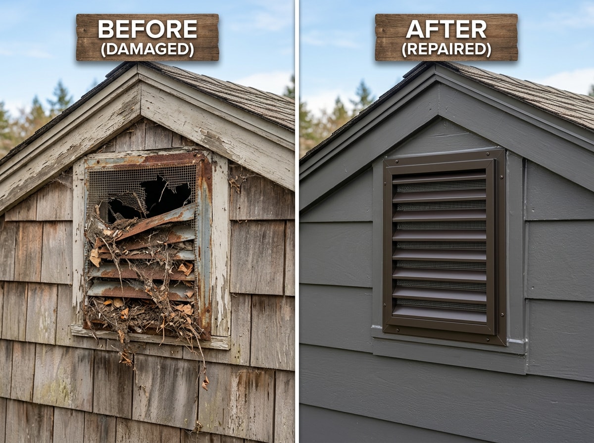 Before and after photo of a sealed attic vent following wildlife exclusion and repair work