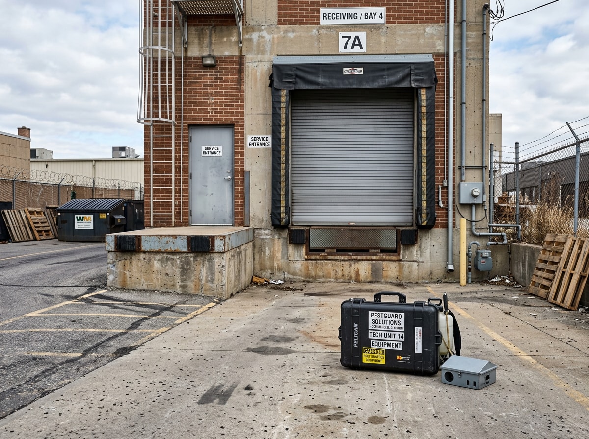 Pest control technician servicing a commercial building exterior in Mansfield, MA