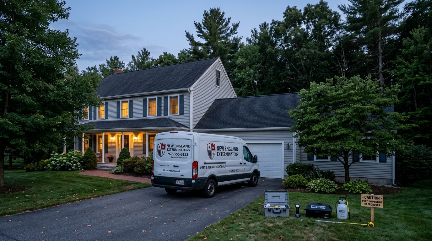 Pest control service van parked outside a Mansfield, MA home near wooded property line Pest control service van parked outside a Mansfield, MA home near wooded property line