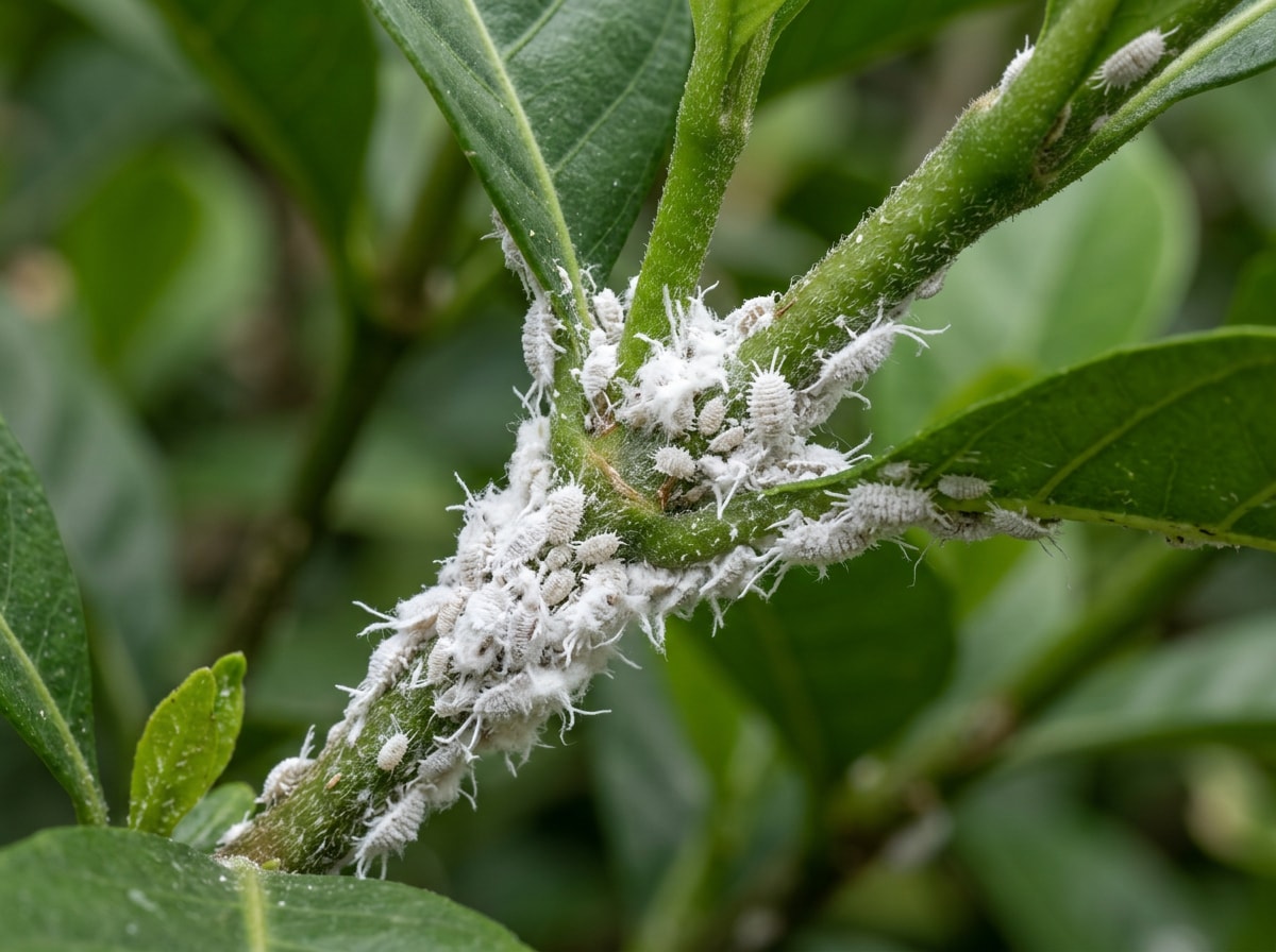 Close-up of cottony mealybug clusters at a leaf joint on a houseplant stem