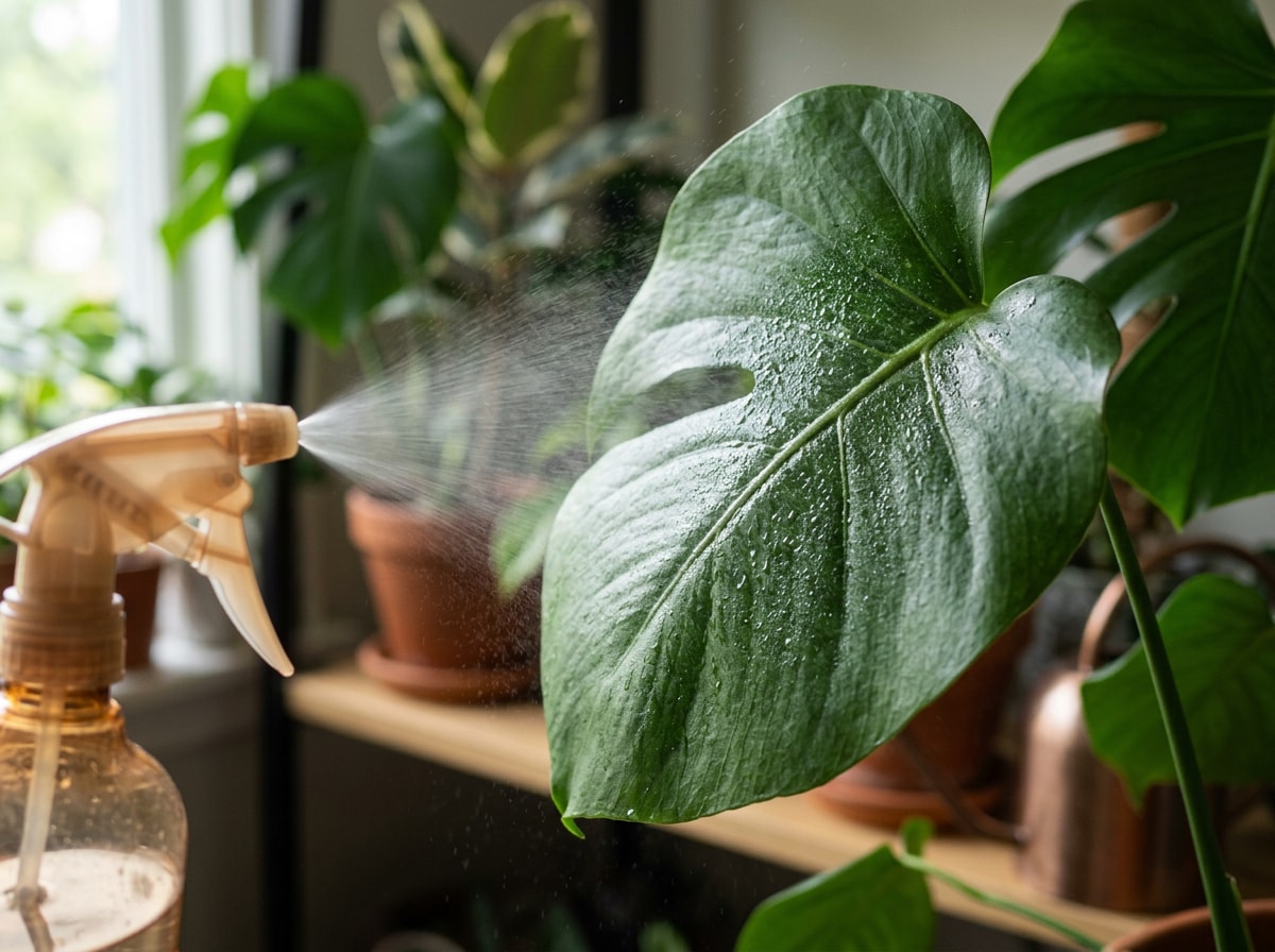 Insecticidal soap being sprayed across the underside of a leaf to reach hidden mealybugs