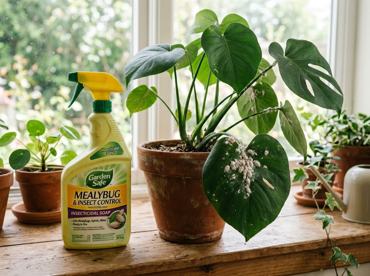 Spray bottle of insecticidal soap being applied to a potted plant with visible mealybug activity