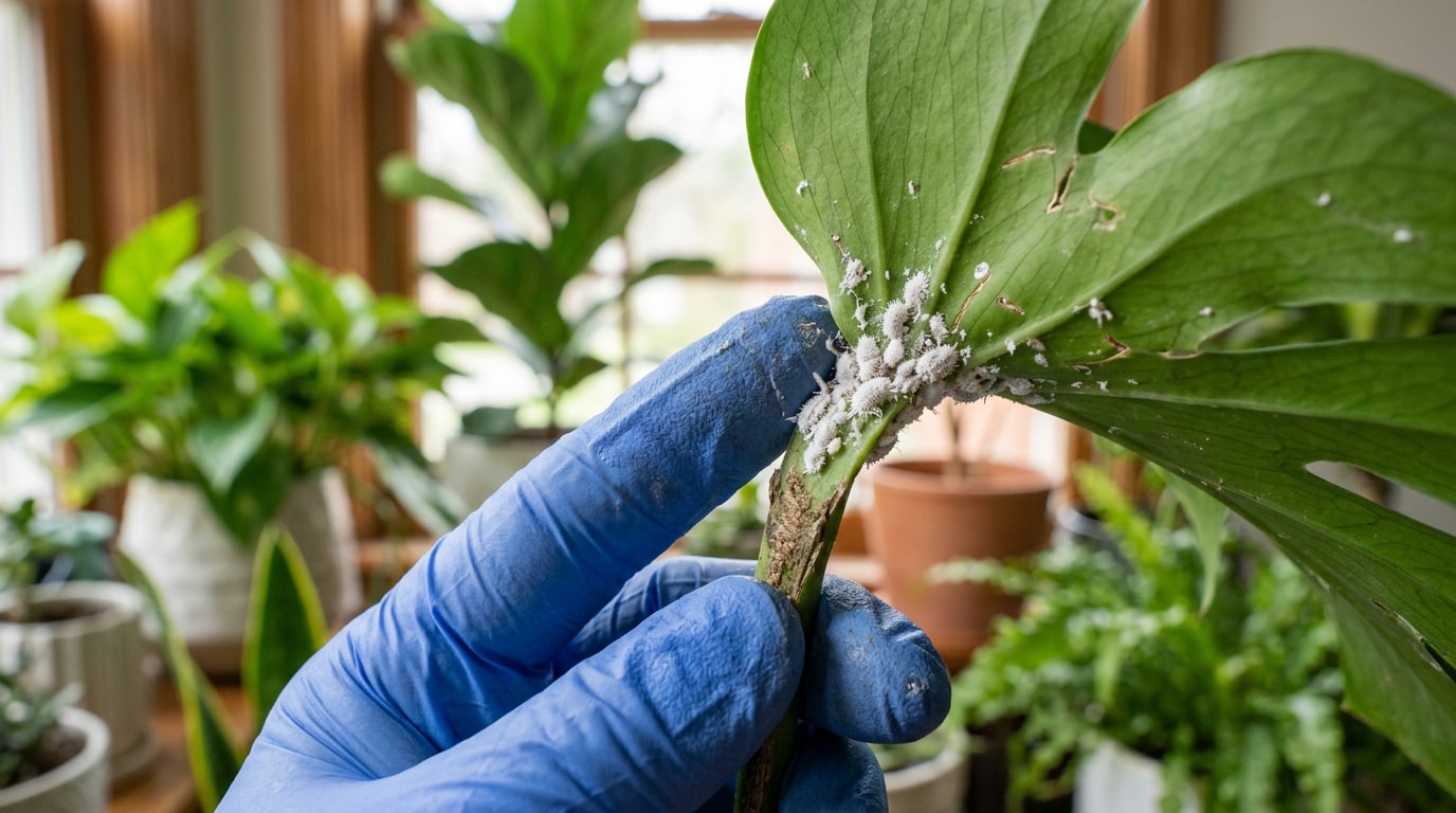 Mealybug infestation on a houseplant leaf joint before treatment