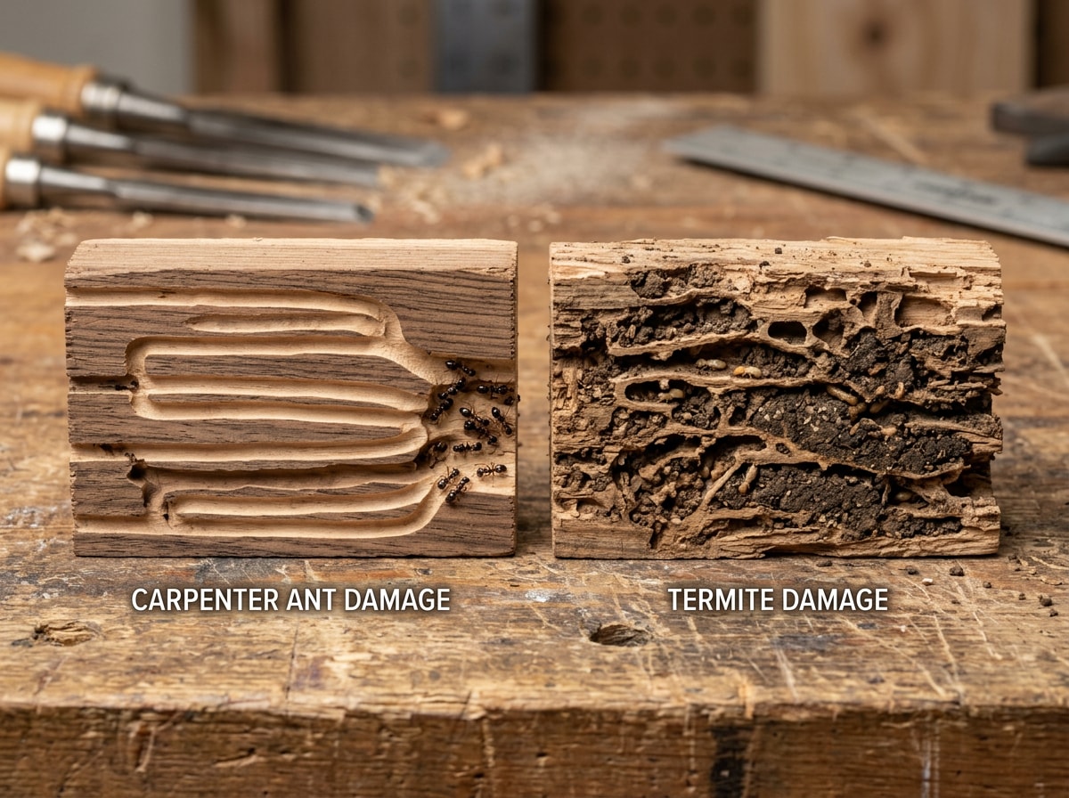 Close-up comparison of smooth carpenter ant galleries next to debris-filled termite damage in wood trim