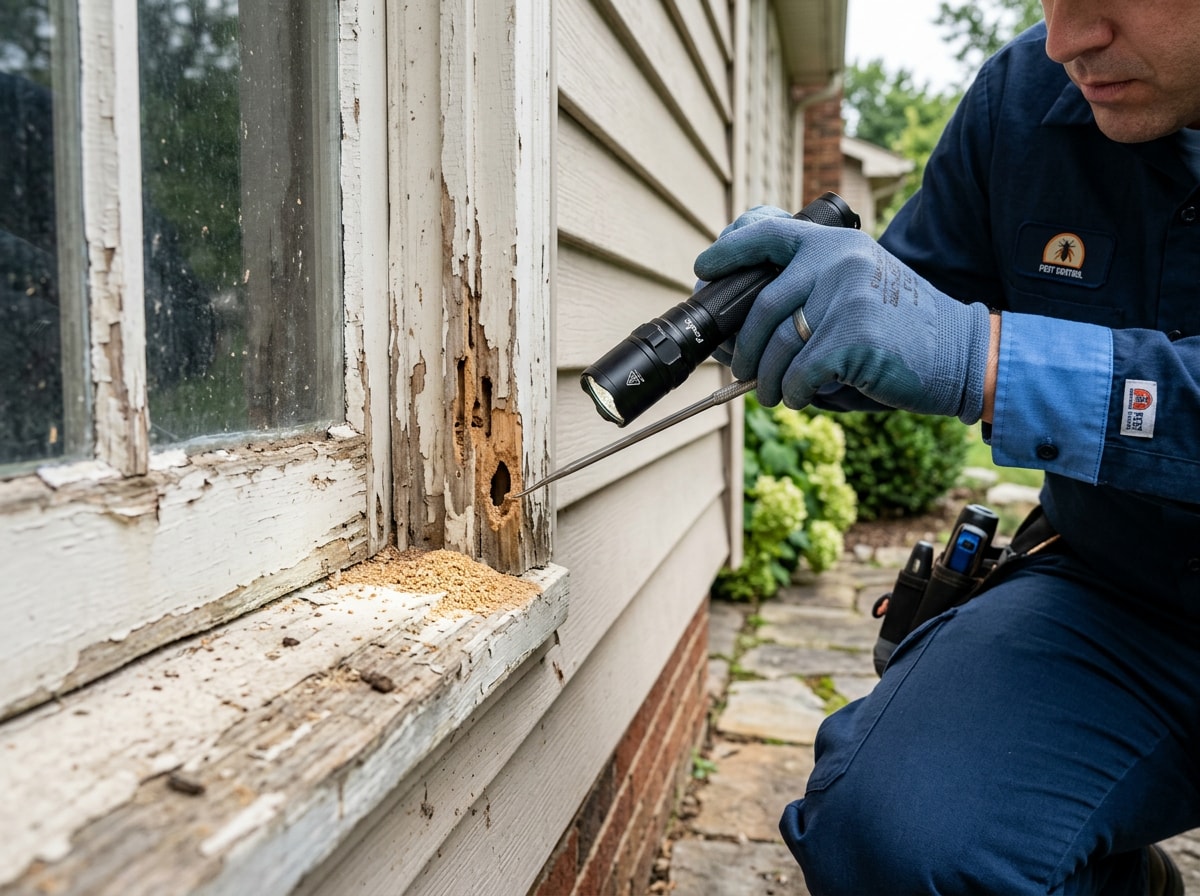Pest control technician inspecting wood trim near a window for carpenter ant frass and nest activity
