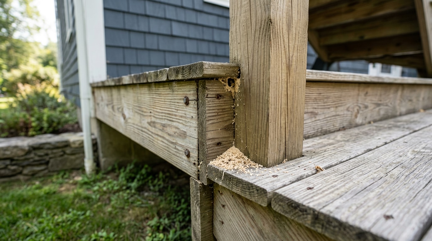 Wooden deck ledger board with carpenter ant frass at the base, a common sign of infestation in Foxborough, MA homes