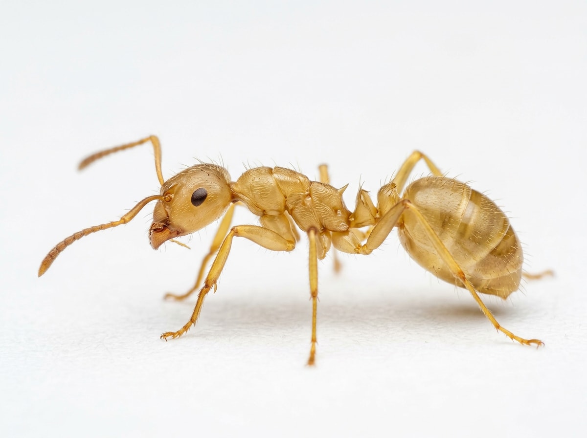 Close-up of a citronella ant showing yellow-brown coloring and segmented body