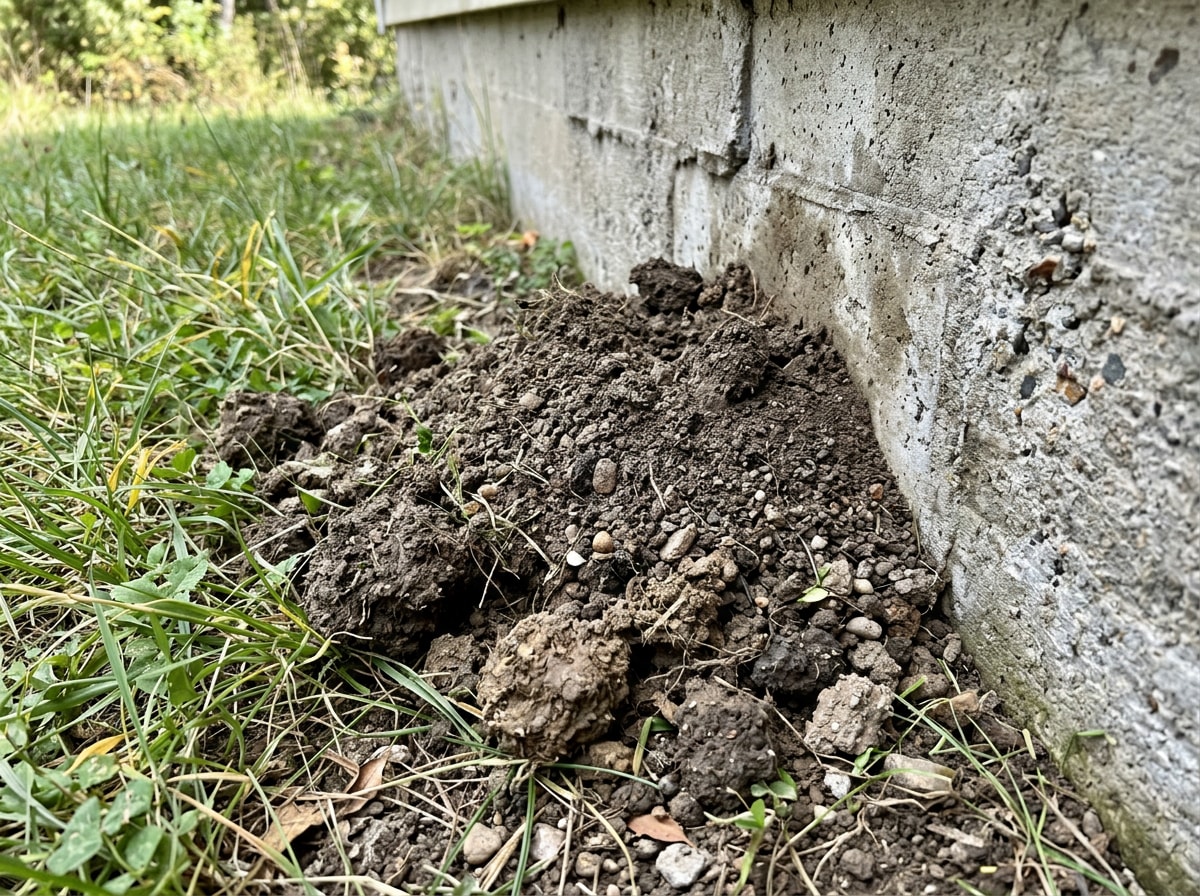 Small soil mound at a foundation line marking a citronella ant nest entrance