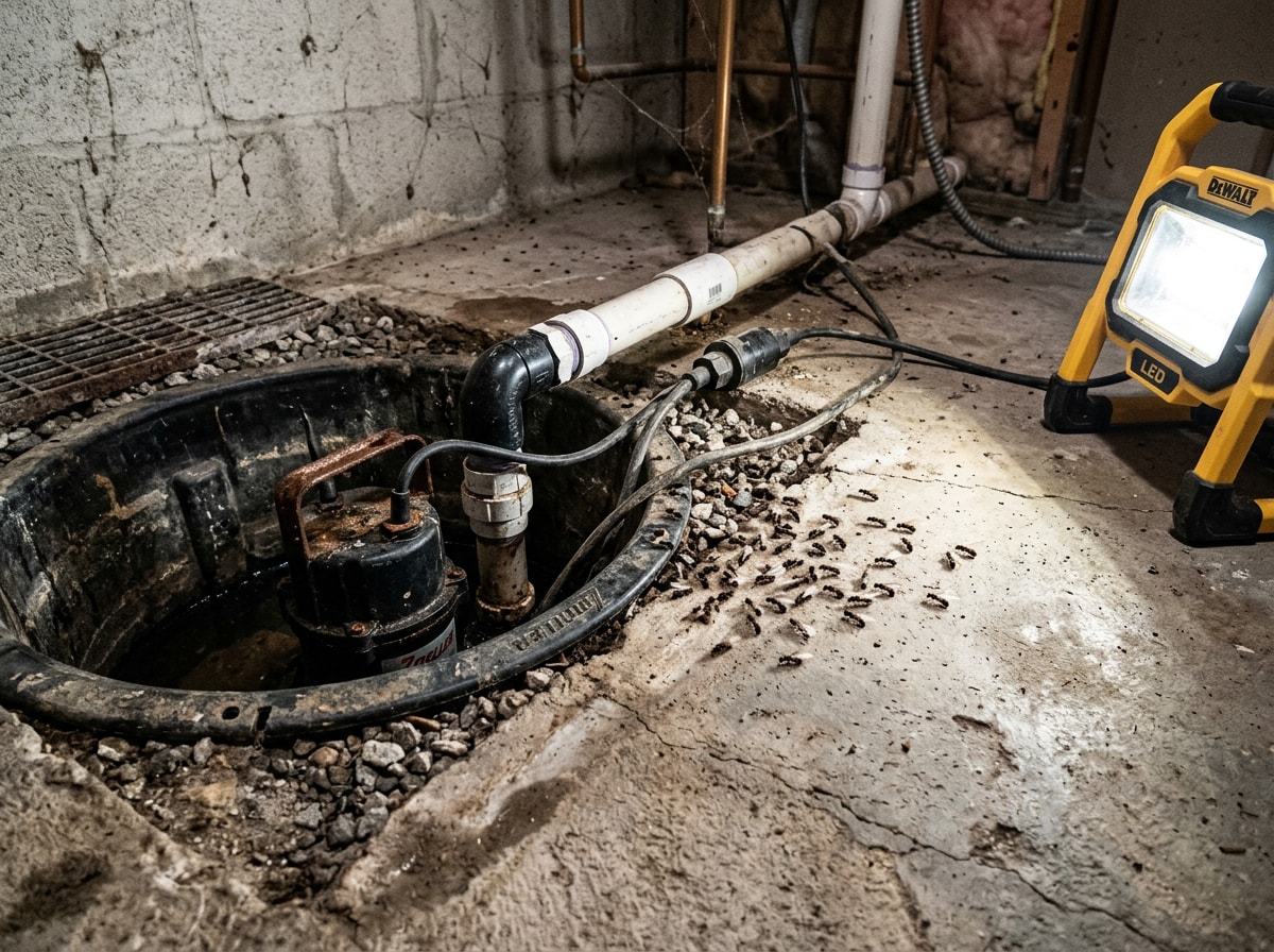 Winged citronella ant swarmers clustered near a basement sump pump