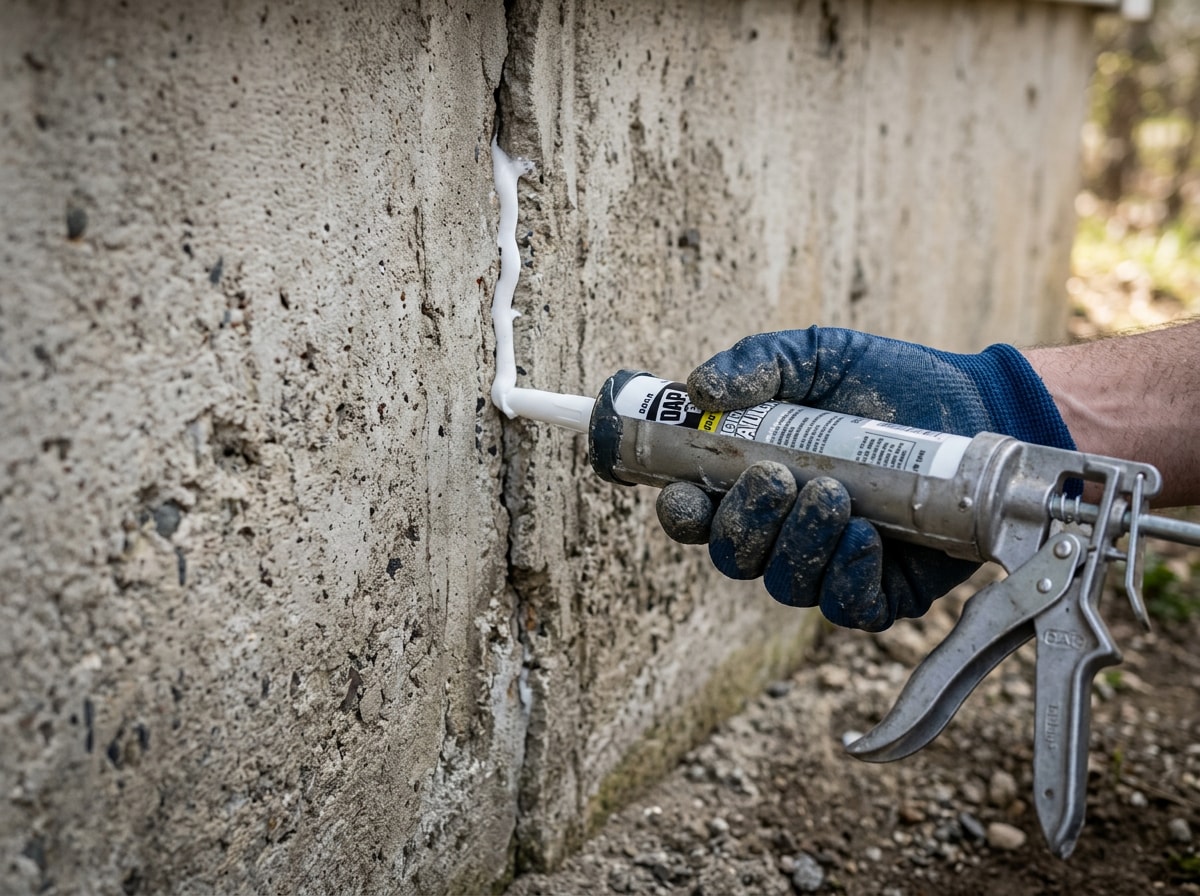 Technician sealing a foundation crack to reduce moisture and ant entry points