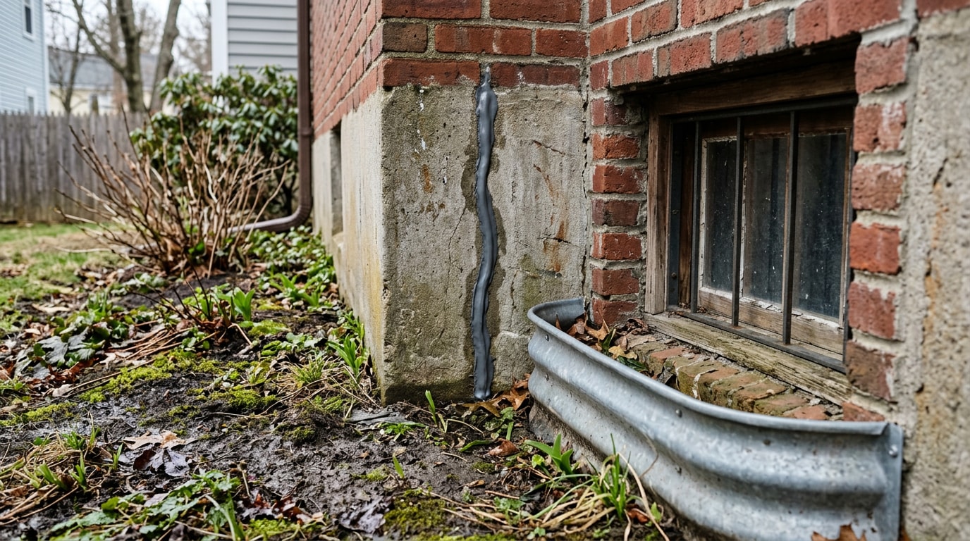 Sealed foundation crack on a New England home to prevent citronella ant entry