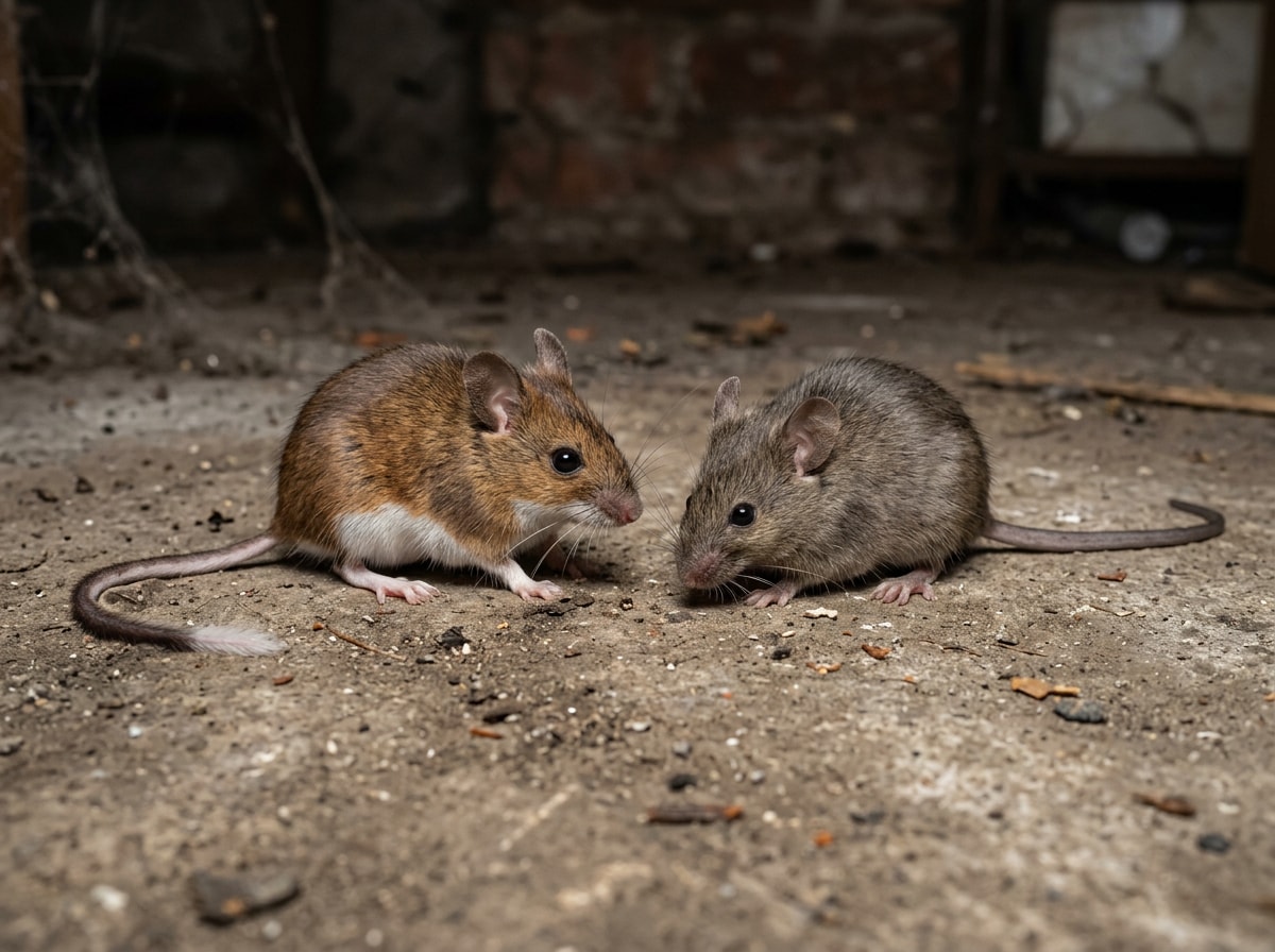 Close-up comparison of a white-footed mouse and a house mouse on a basement floor