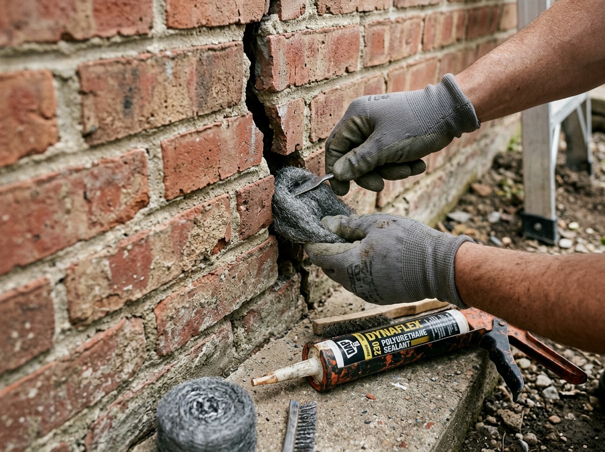 Technician packing steel wool into a foundation gap before sealing with caulk on a Brighton, MA home