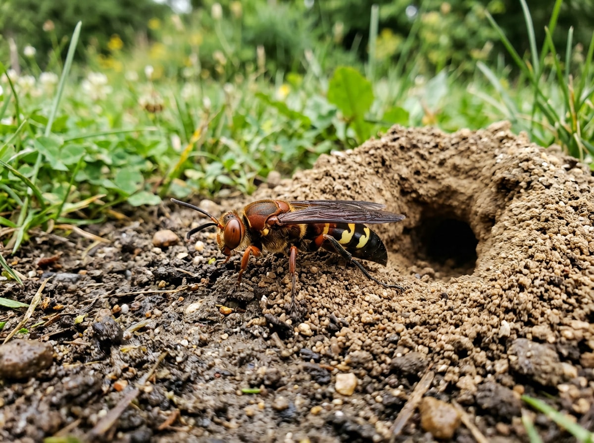 A cicada killer wasp resting beside its U-shaped burrow mound in a Jamaica Plain lawn