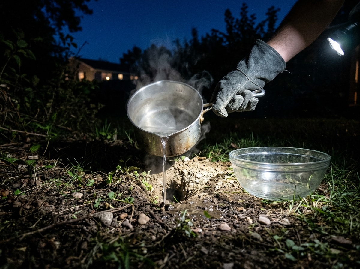 Homeowner pouring boiling water into a marked cicada killer burrow at night, covered with a glass bowl