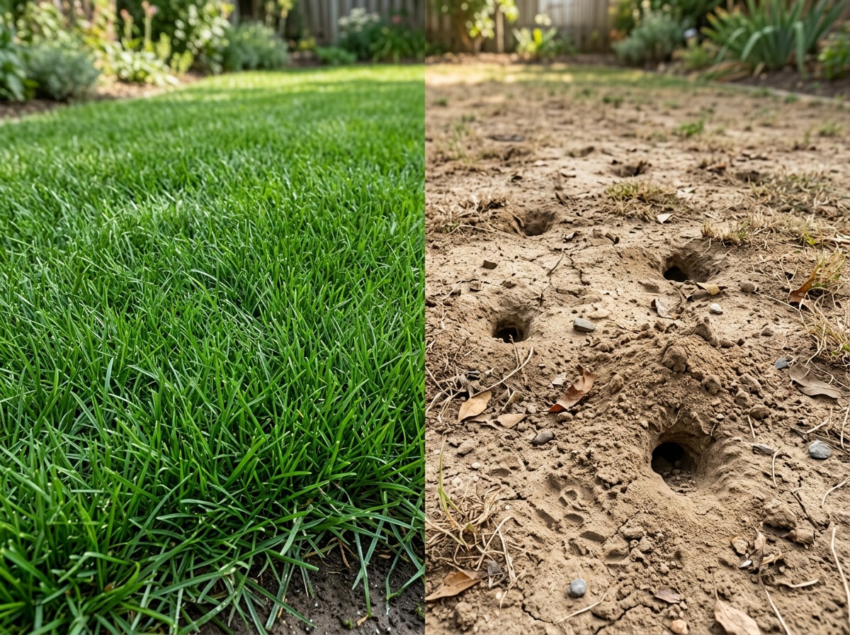 Side-by-side comparison of dense, well-watered turf next to bare, sandy soil prone to cicada killer burrows