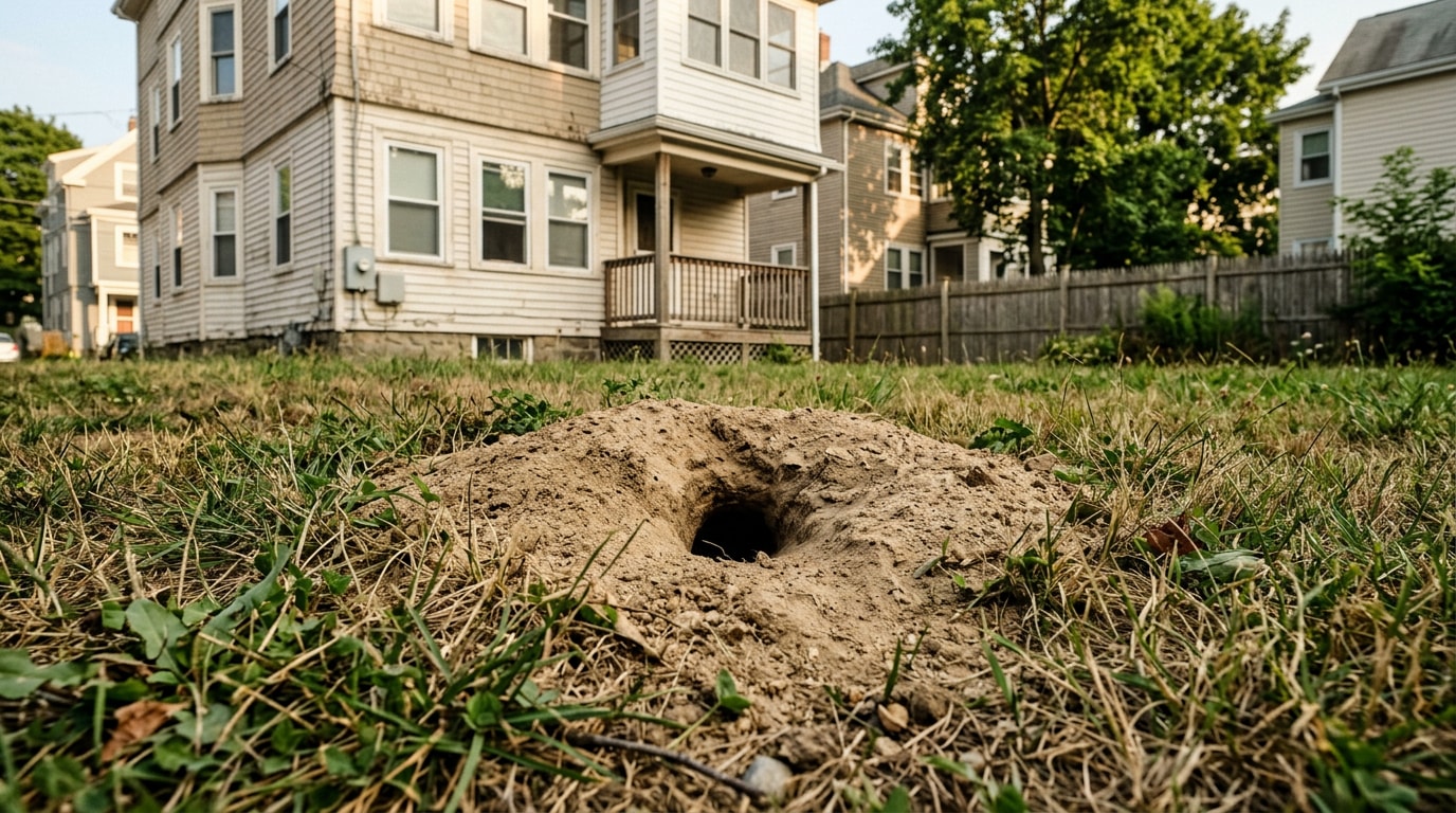 Bare sandy lawn patch with a cicada killer burrow mound in a Jamaica Plain backyard