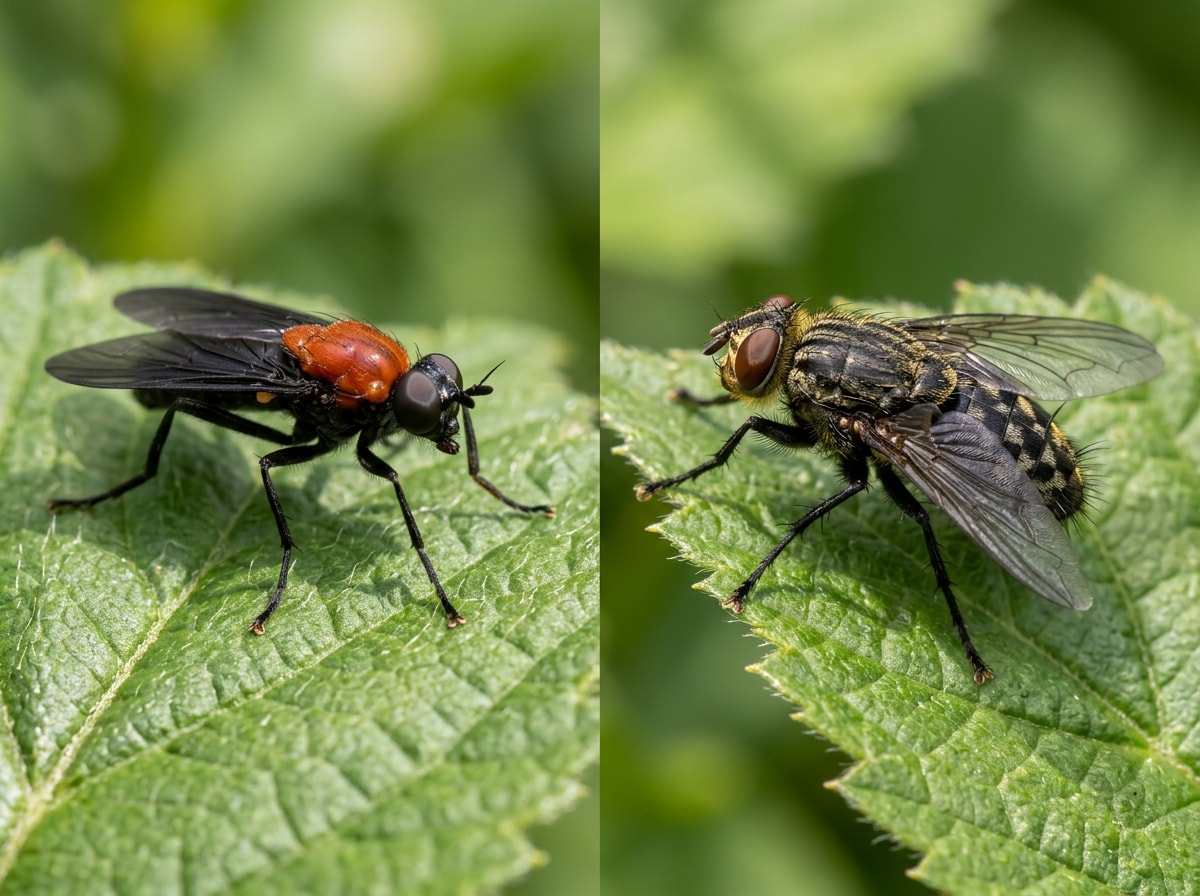 Close-up comparison of a true love bug and a New England cluster fly side by side