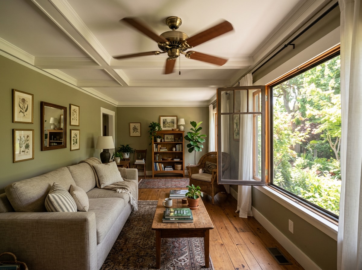 Ceiling fan running in a living room to help discourage swarming insects indoors