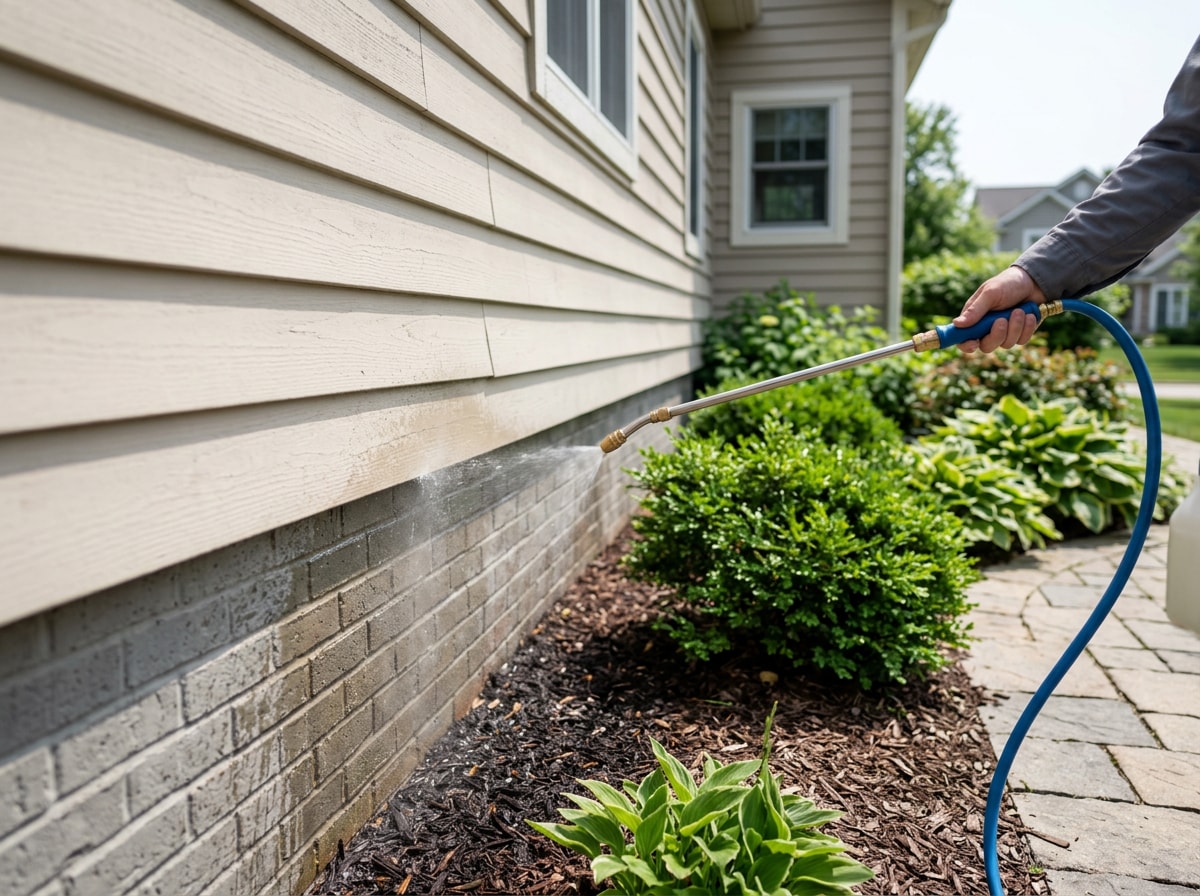 Technician applying insecticide spray along the exterior perimeter of a home