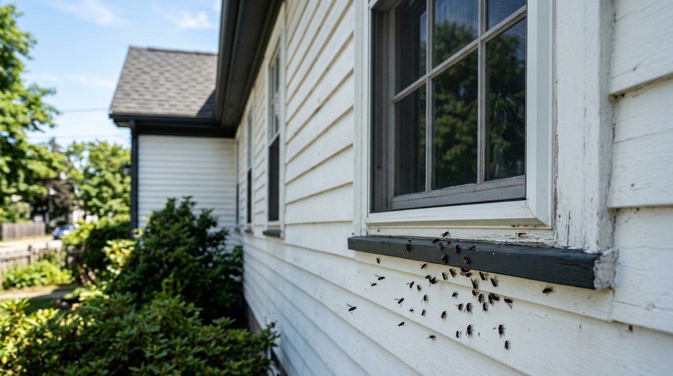 Small swarm of dark flying insects gathered on the sunlit exterior wall of a Massachusetts home