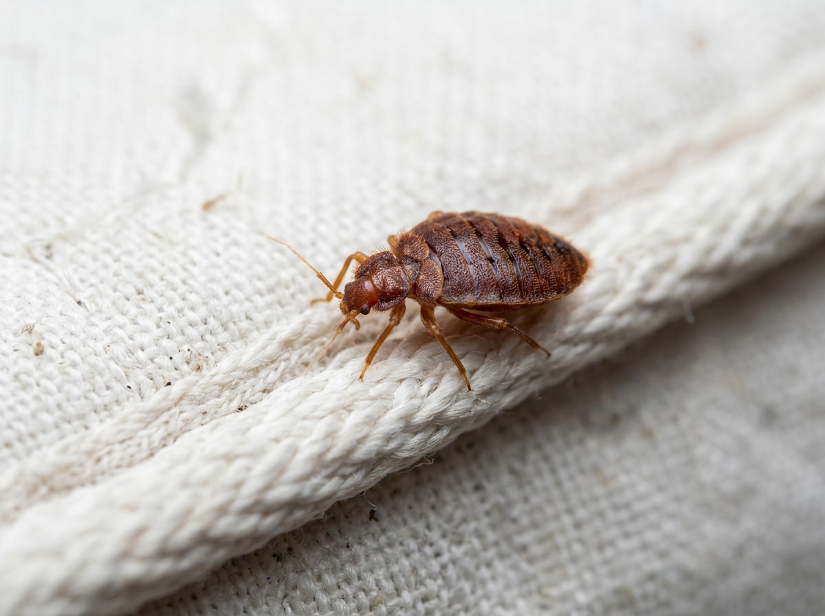 Close-up identification photo of a bed bug on fabric for pest inspection reference