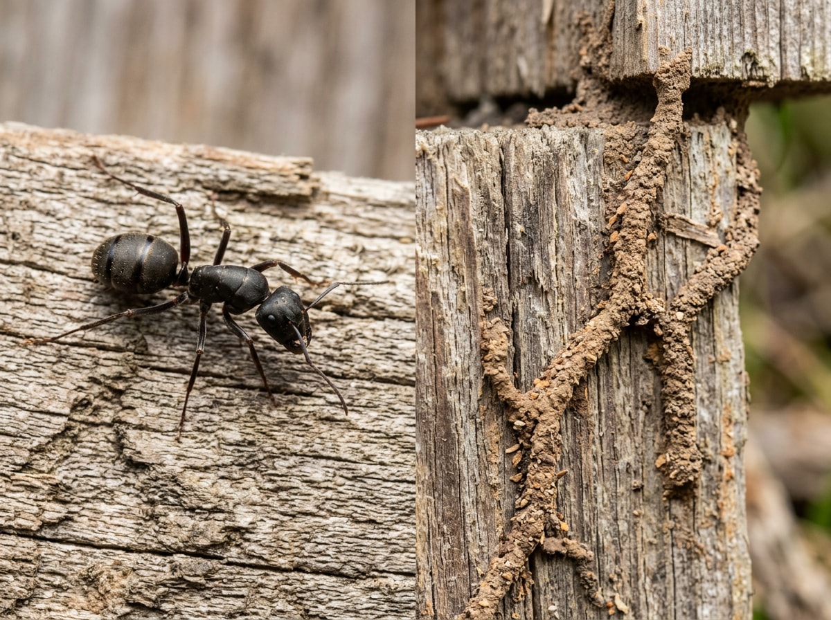 Large black carpenter ant beside termite mud tubes on a foundation wall for identification comparison