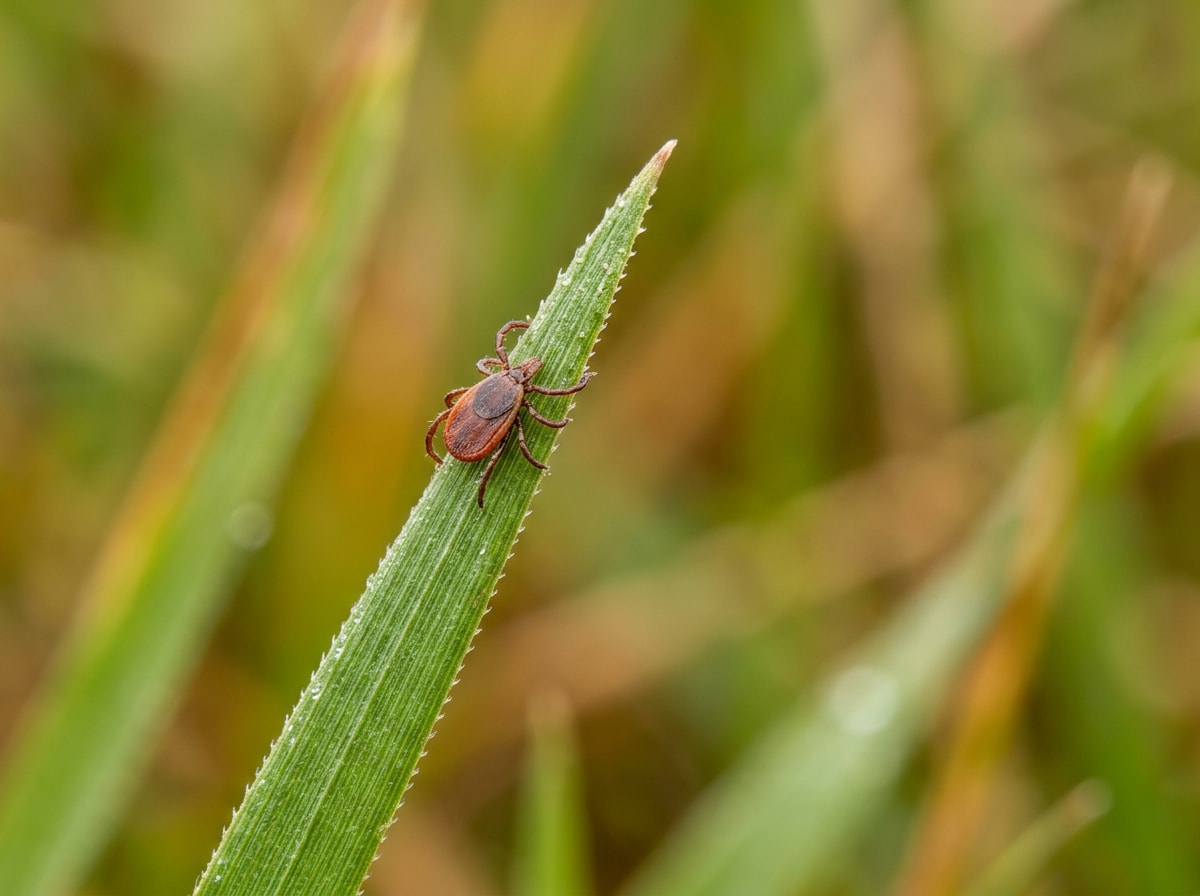 Tick found in tall grass illustrating the need for yard tick control treatment