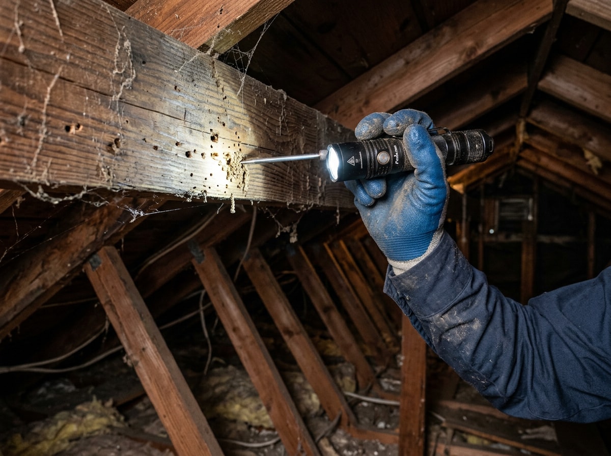Pest control technician conducting a home inspection with equipment in an attic space