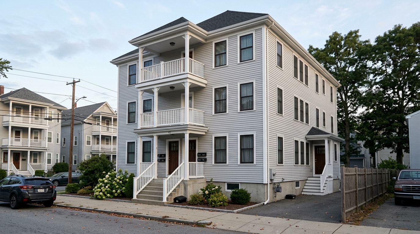 New England triple-decker home exterior in Arlington, MA representing a pest control inspection site New England triple-decker home exterior in Arlington, MA representing a pest control inspection site
