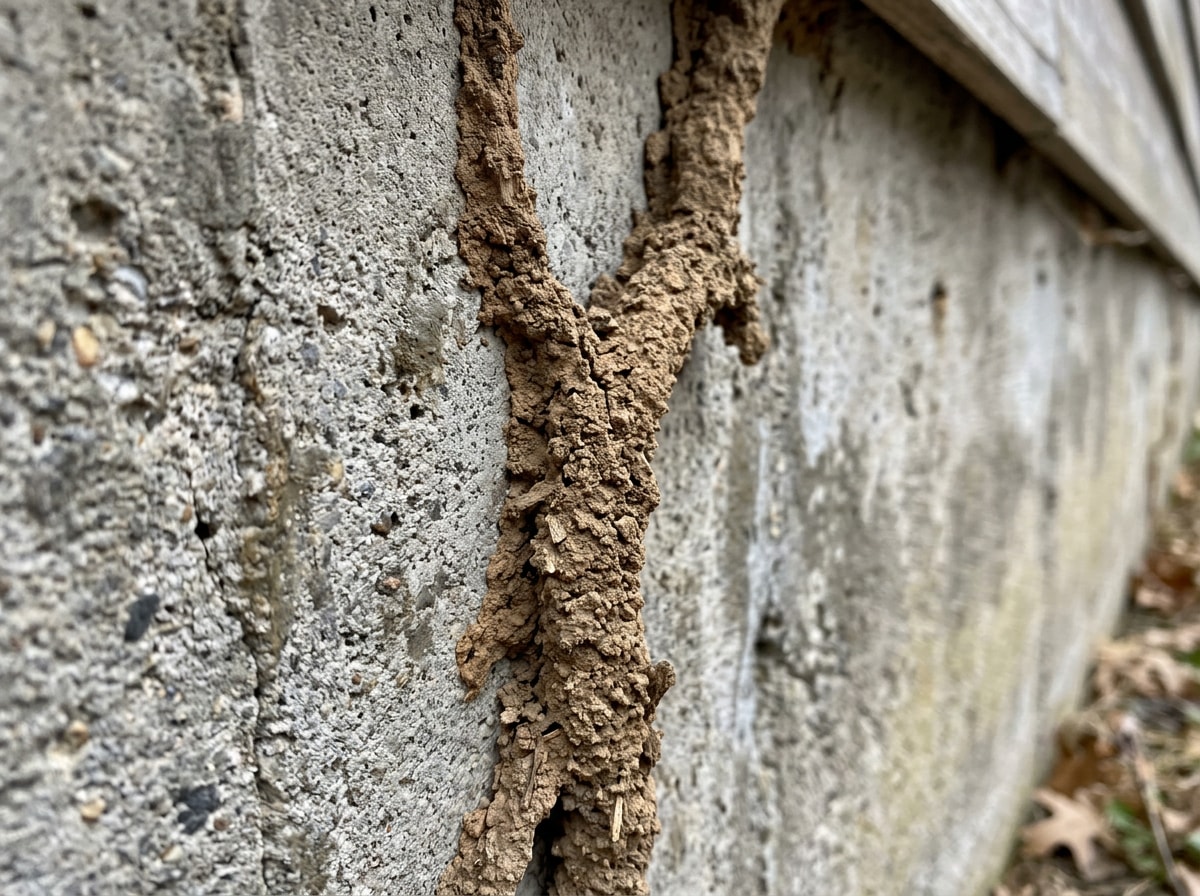 Close-up of termite mud tubes along a foundation wall in a Revere, MA home