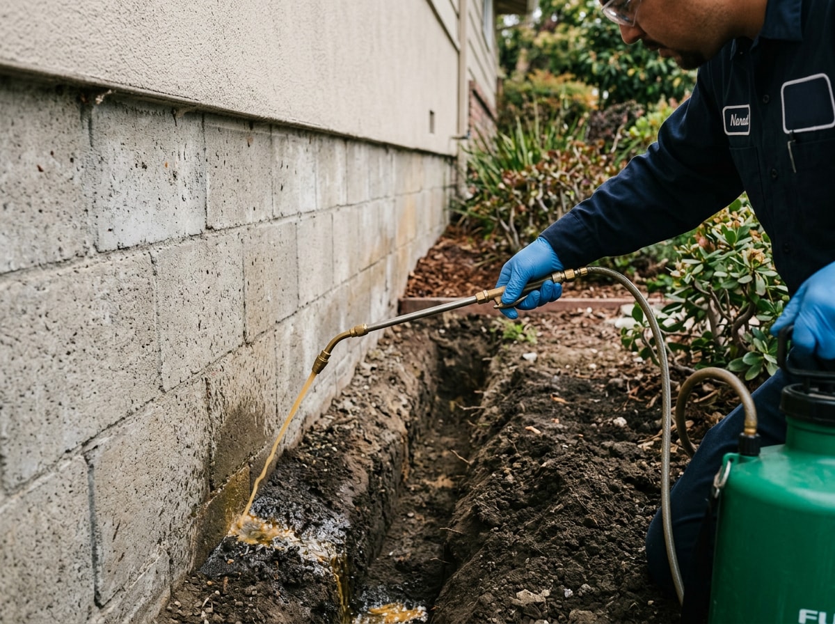 Pest control technician applying liquid termiticide soil treatment around a home's foundation
