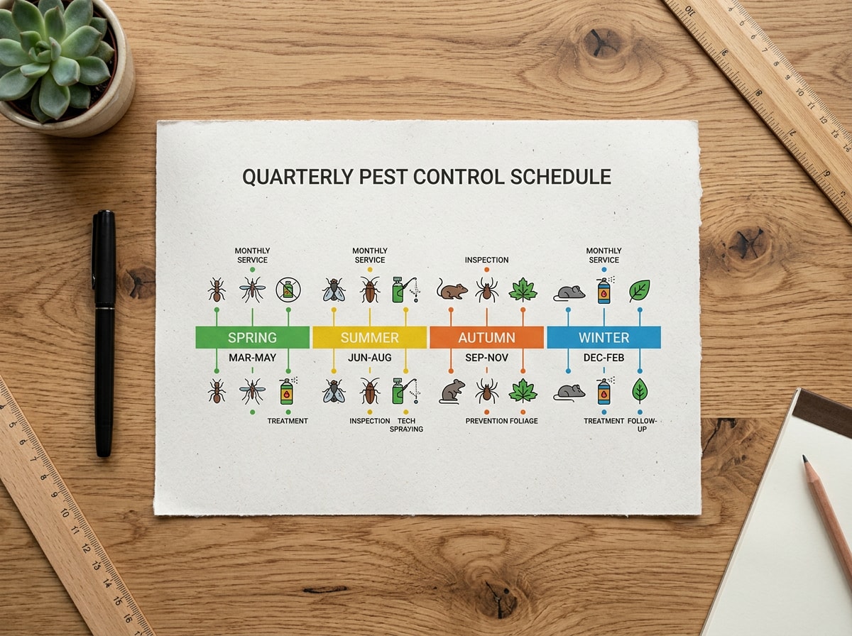 Simple graphic showing a quarterly termite protection plan coverage timeline