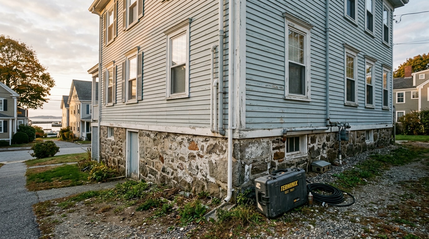 Older coastal New England home exterior near Revere, MA with foundation area visible for termite inspection