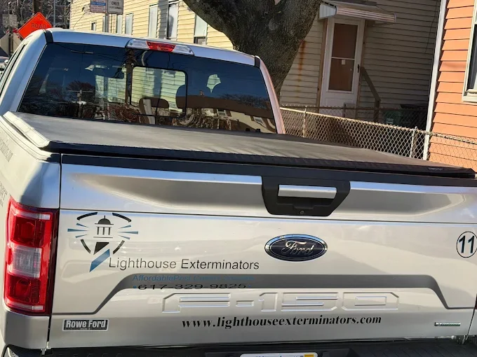 White Ford pickup truck with custom vinyl wrap branding for pest control service company