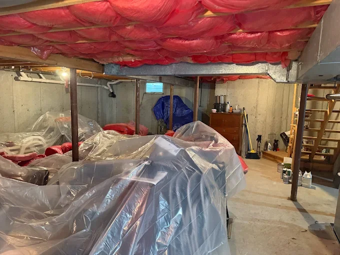 Basement with plastic sheeting containment, red fabric barriers, and protected furniture for pest treatment