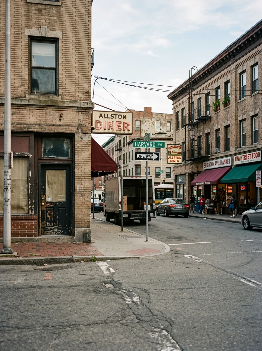 Crowded street view of Harvard and Brighton Avenues in Allston with restaurants and storefronts