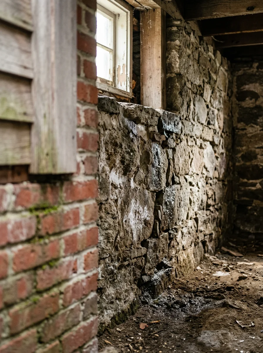 Arlington fieldstone basement foundation with moisture and pest entry points visible