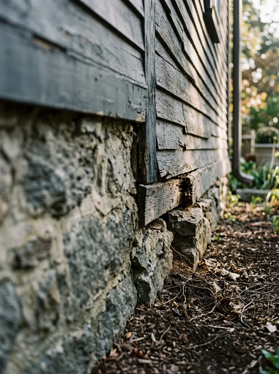 Close-up of wood-frame exterior and foundation of historic Belmont home showing potential pest entry points