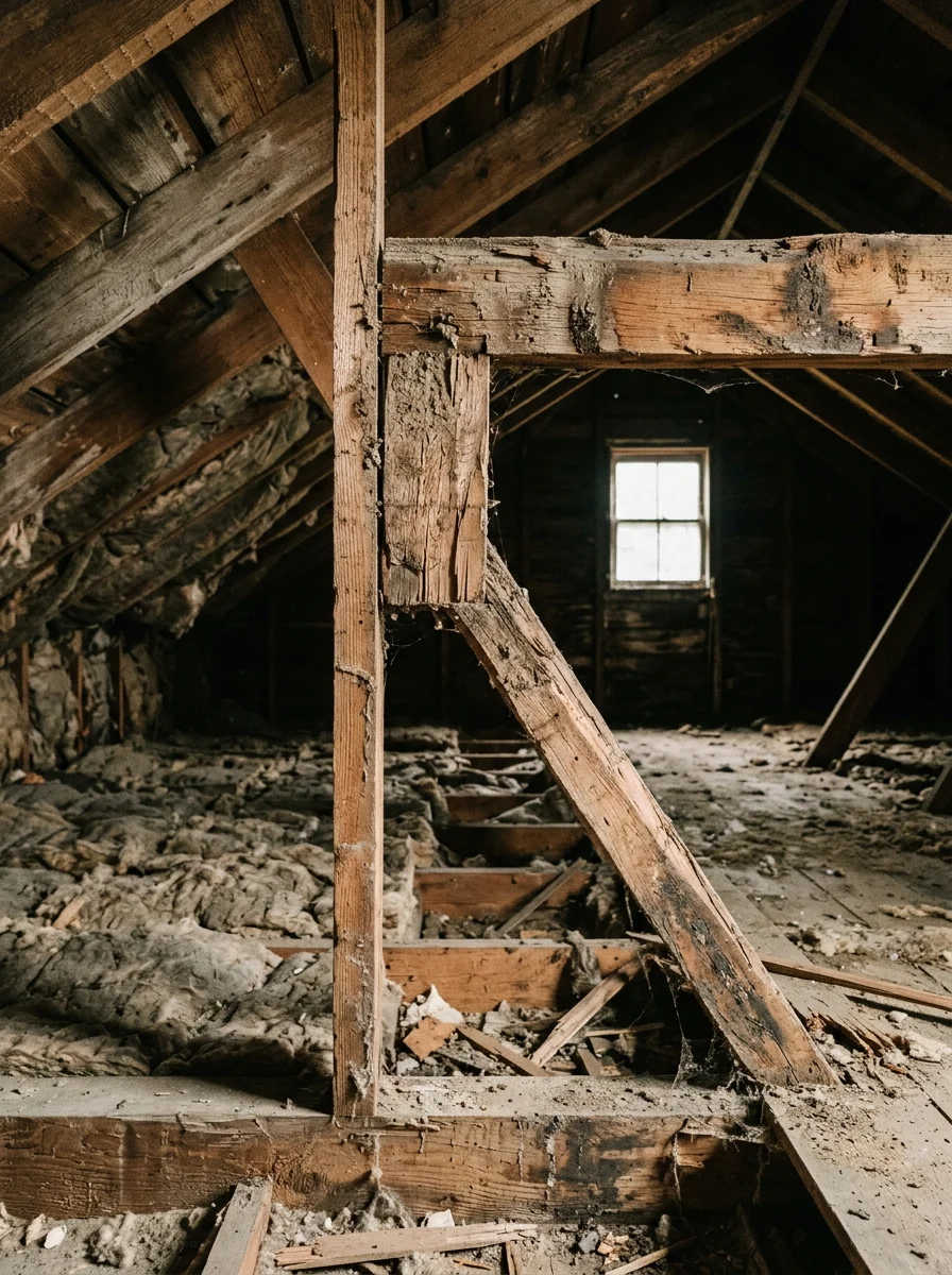 Attic space in an older Beverly home showing deteriorated insulation and wood framing vulnerable to termite damage