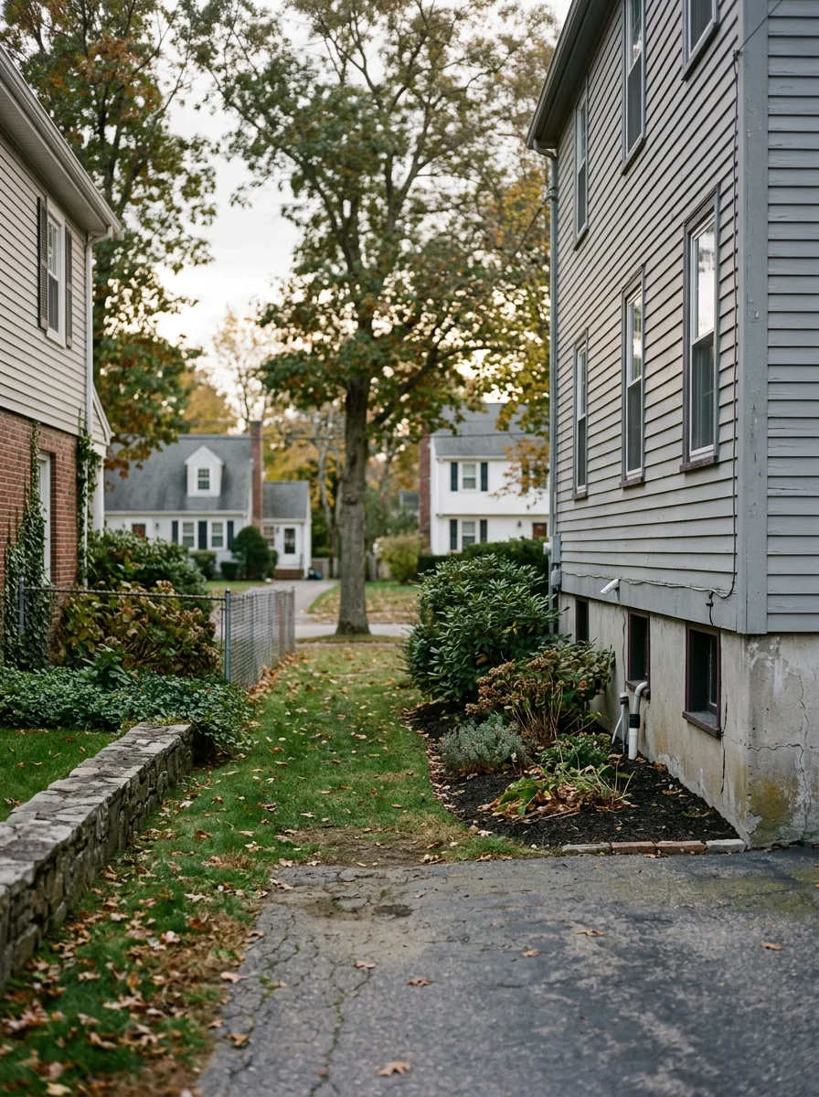 Billerica residential street lined with Cape Cod and Colonial homes showing foundation areas where rodent exclusion work is needed