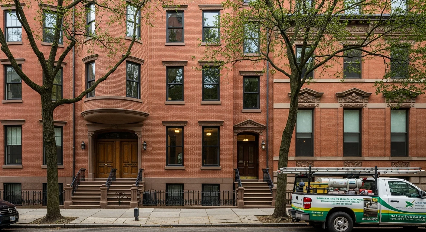Historic Boston brownstone with restored facade and new windows on a tree-lined street.