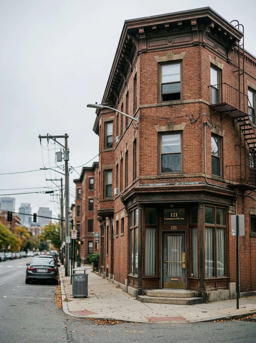 Dense urban neighborhood street in Brighton showing converted multi-unit residential buildings and storefronts
