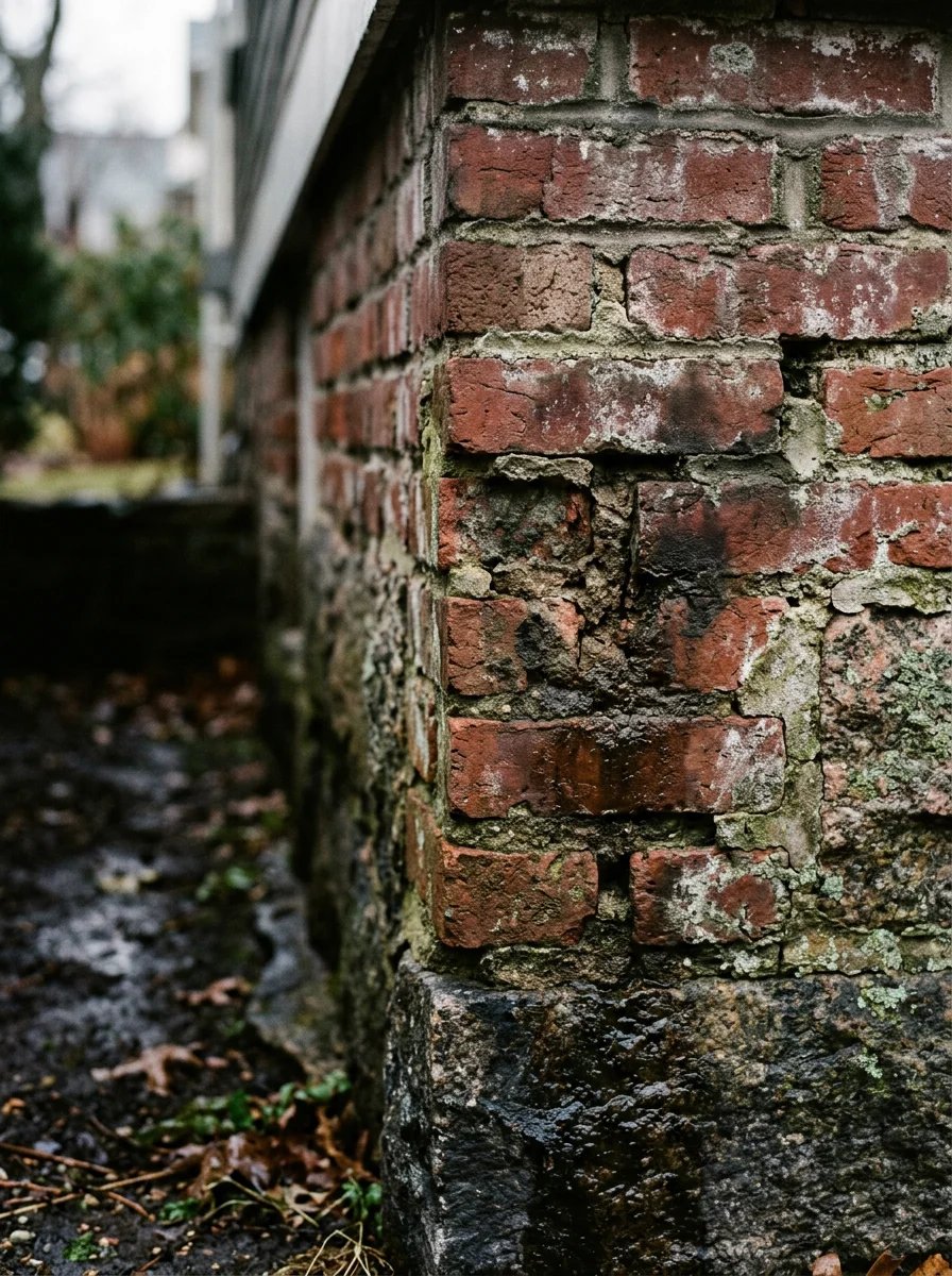Brick and stone foundation wall of a historic Brookline home, showing moisture and aging masonry typical of pre-1920 construction