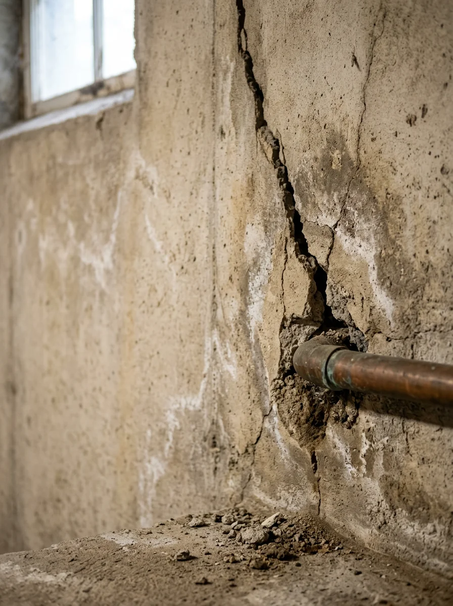Close-up of foundation crack and utility penetration where rodents enter Burlington homes during winter