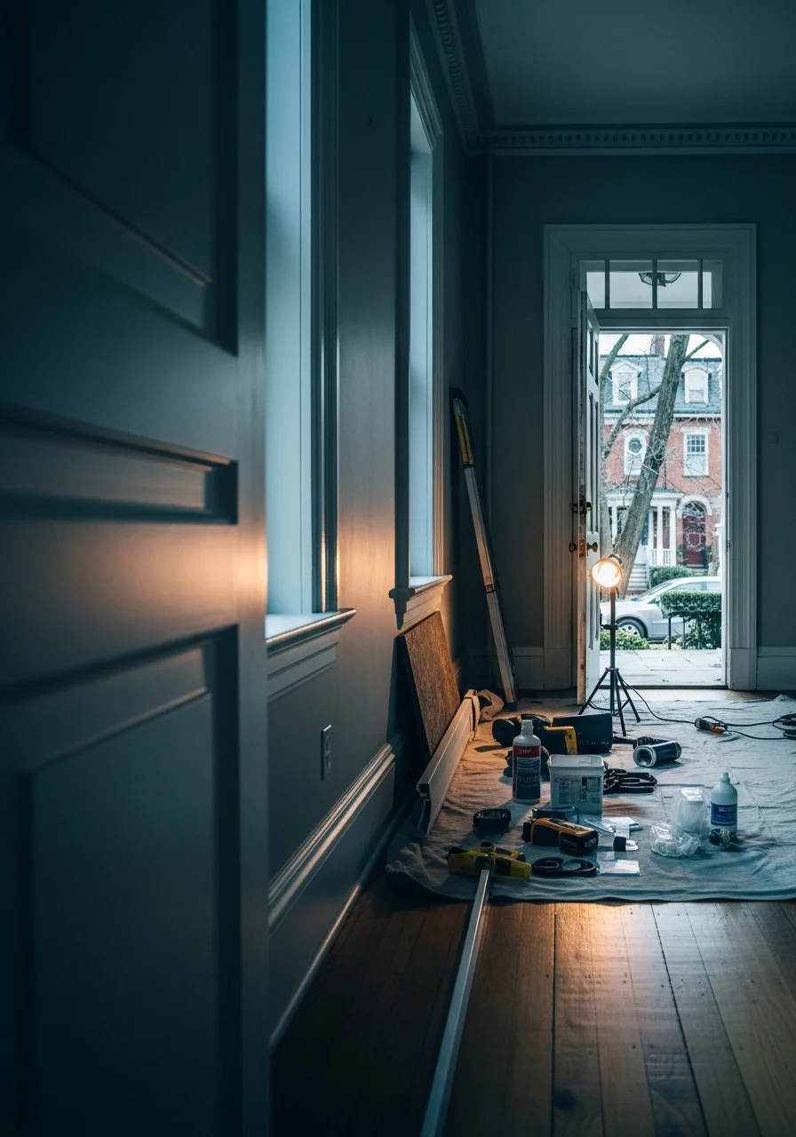 Tradesperson working on interior renovation in a Cambridge historic home.