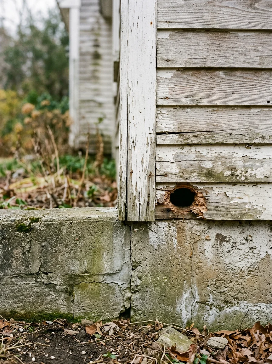 Close-up of wood siding and foundation detail on vintage New England home, showing areas vulnerable to termite and rodent damage